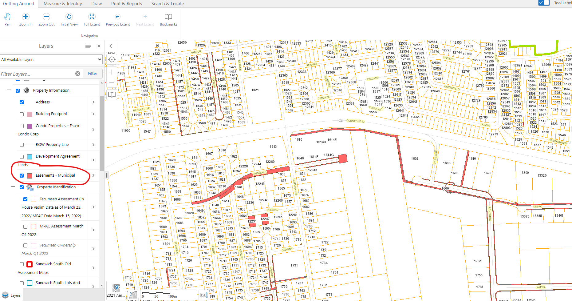 Figure 1. Town of Tecumseh Geocortex Online Mapping: Municipal Easements