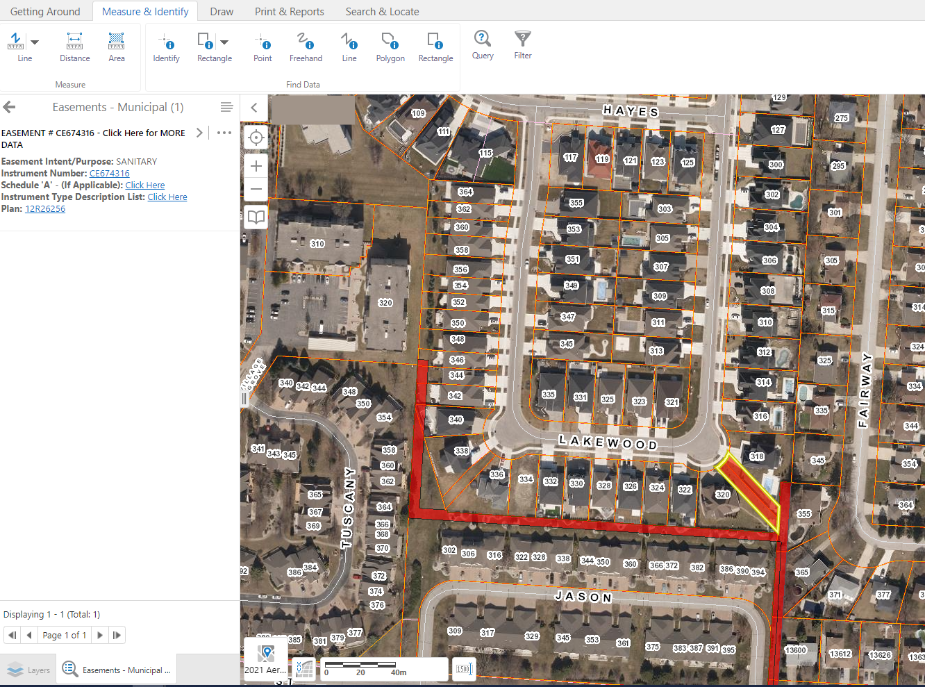 Figure 2. Town of Tecumseh Geocortex Online Mapping: Easement Layer SELECTION